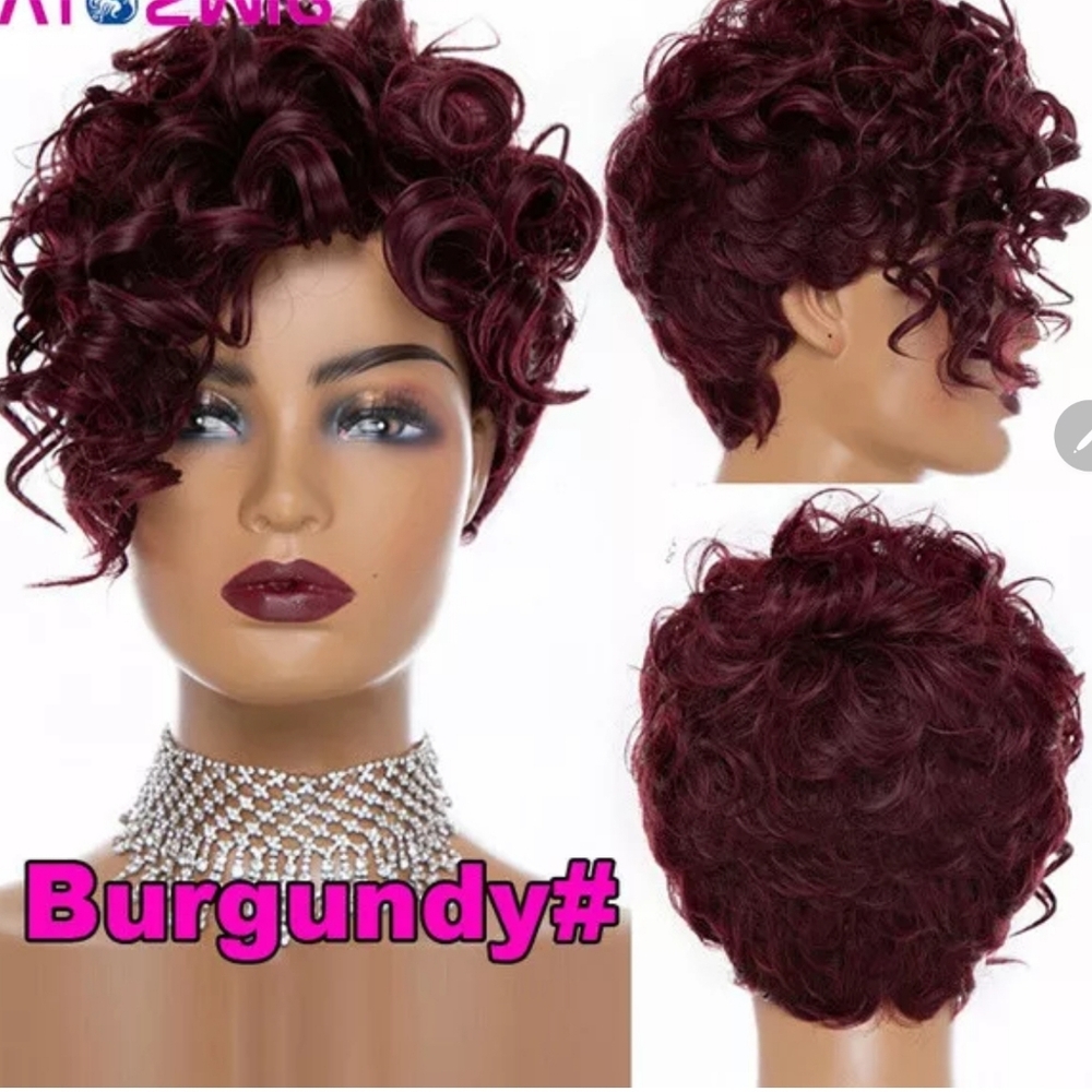 Burgundy Red Short Pixie Cut Curly Wig with Side Bangs for Women Synthetic Hair